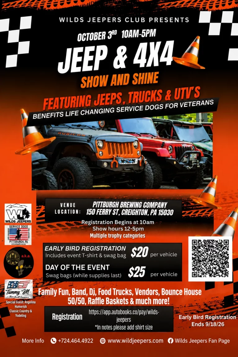 FOR IMMEDIATE RELEASE Release Date: September XX, 2026 Wilds Jeepers Jeep & 4x4 Show and Shine to Benefit Life Changing Service Dogs for Veterans October 3 fundraiser at Pittsburgh Brewing Company will feature a variety of Jeeps, trucks, UTVs, food, vendors, and family activities. CREIGHTON, Pa. — The Wilds Jeepers Club Jeep & 4x4 Show and Shine will take place Saturday, October 3, 2026, at Pittsburgh Brewing Company in Creighton, Pennsylvania, with proceeds benefiting Life Changing Service Dogs for Veterans. The Western Pennsylvania fundraising event will run from 10 a.m. to 5 p.m. at Pittsburgh Brewing Company, 150 Ferry St., Creighton, PA 15030. Vehicle registration begins at 10 a.m., with show hours scheduled from noon to 5 p.m. The event will bring together Jeep, truck, and UTV enthusiasts, families, vendors, and community members for a day focused on supporting Veterans and raising awareness about Service Dogs. “This event brings together people from throughout the community around a cause that means a great deal to me — supporting Veterans,” said Craig Hodgkins of Life Changing Service Dogs for Veterans. “We get to spend the day meeting people from throughout the community and helping raise support for Service Dogs that can make a meaningful difference in the lives of Veterans.” Jeep, Truck and UTV Show Supports Service Dogs for Veterans Presented by Wilds Jeepers Club, the Jeep & 4x4 Show and Shine will feature Jeeps, trucks, and UTVs competing in multiple trophy categories. In addition to the vehicle show, attendees can expect a DJ, food trucks, vendors, a bounce house, a 50/50 drawing, raffle baskets, and other family activities. Proceeds from the event will benefit Life Changing Service Dogs for Veterans, a Pittsburgh-based all-volunteer nonprofit that raises funds to help provide Service Dogs to Veterans living with visible and invisible disabilities. Life Changing Service Dogs for Veterans has raised more than $1.9 million to help gift Service Dogs to Veterans in the region. The organization is also supporting efforts to build a Western Pennsylvania campus dedicated to breeding, raising, and training Service Dogs. “People may come because they love Jeeps or spending a Saturday with their families, but they will also have an opportunity to learn why access to properly trained Service Dogs matters,” Hodgkins said. “We appreciate Wilds Jeepers Club and everyone participating in the event for helping us keep that mission in front of the community.” October 3 Jeep & 4x4 Show and Shine Event Details Date: Saturday, October 3, 2026 Event Hours: 10 a.m. to 5 p.m. Vehicle Registration: Begins at 10 a.m. Show Hours: Noon to 5 p.m. Location: Pittsburgh Brewing Company, 150 Ferry St., Creighton, PA 15030 Presented By: Wilds Jeepers Club Benefiting: Life Changing Service Dogs for Veterans Early bird vehicle registration is $20 per vehicle and includes an event T-shirt and swag bag. Early bird registration ends September 18, 2026. Day-of-event registration is $25 per vehicle, with swag bags available while supplies last. Vehicle owners can register at https://app.autobooks.co/pay/wilds-jeepers and should include their shirt size in the notes when registering in advance. Additional information about the event is available through Wilds Jeepers at 724-464-4922 or wildjeepers.com.